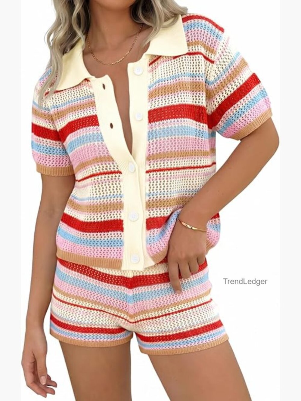 Color Block Knit 2 Piece Shorts Set Summer Vacation Outfit